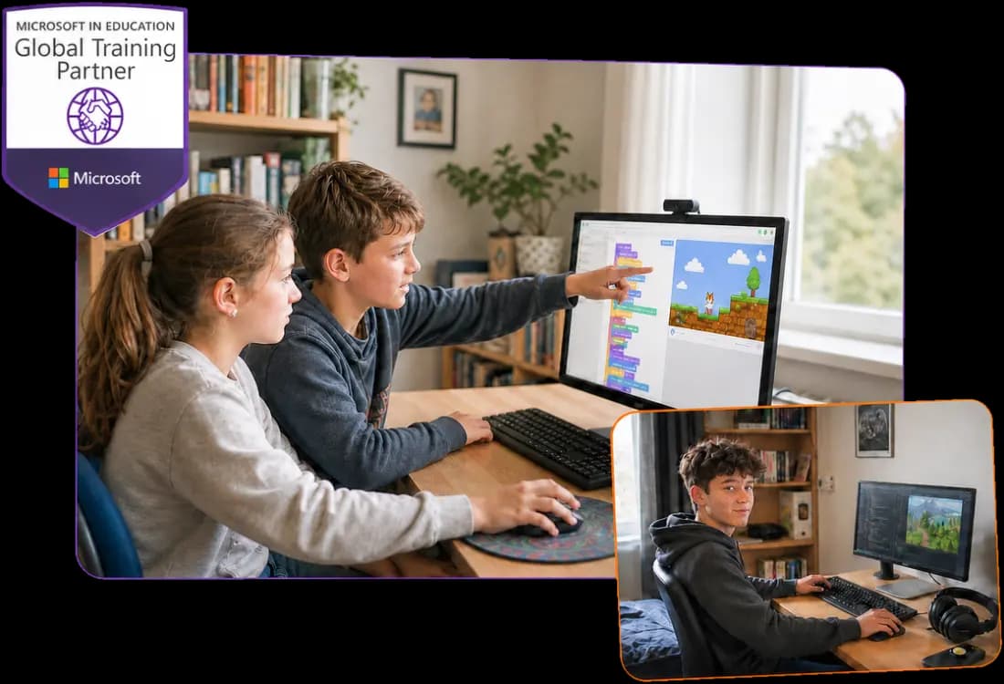 Lächelnder Junge am Laptop nach einer erfolgreichen Stunde des Programmierkurses